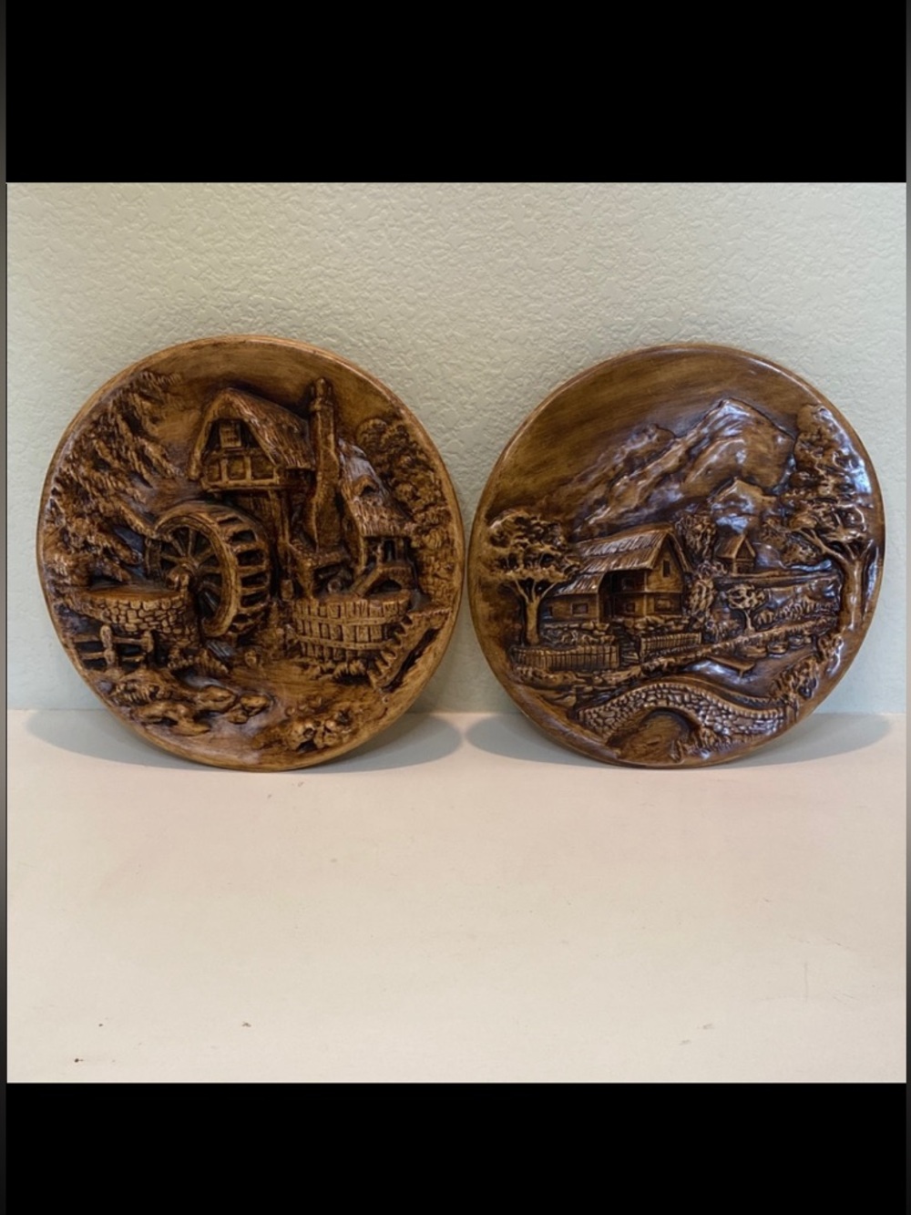 2–Rustic Brown Mid-Century Modern Style Wall Decor Ceramic Chalk-ware Plates.